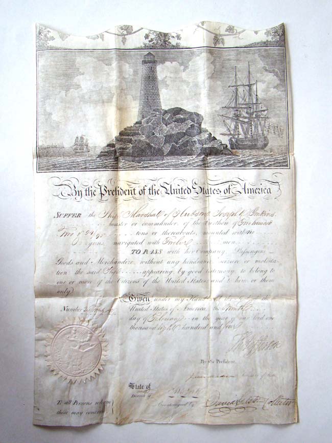A Ships' Passport signed by President THOMAS JEFFERSON and future President JAMES MADISON on Feb. 9, 1804